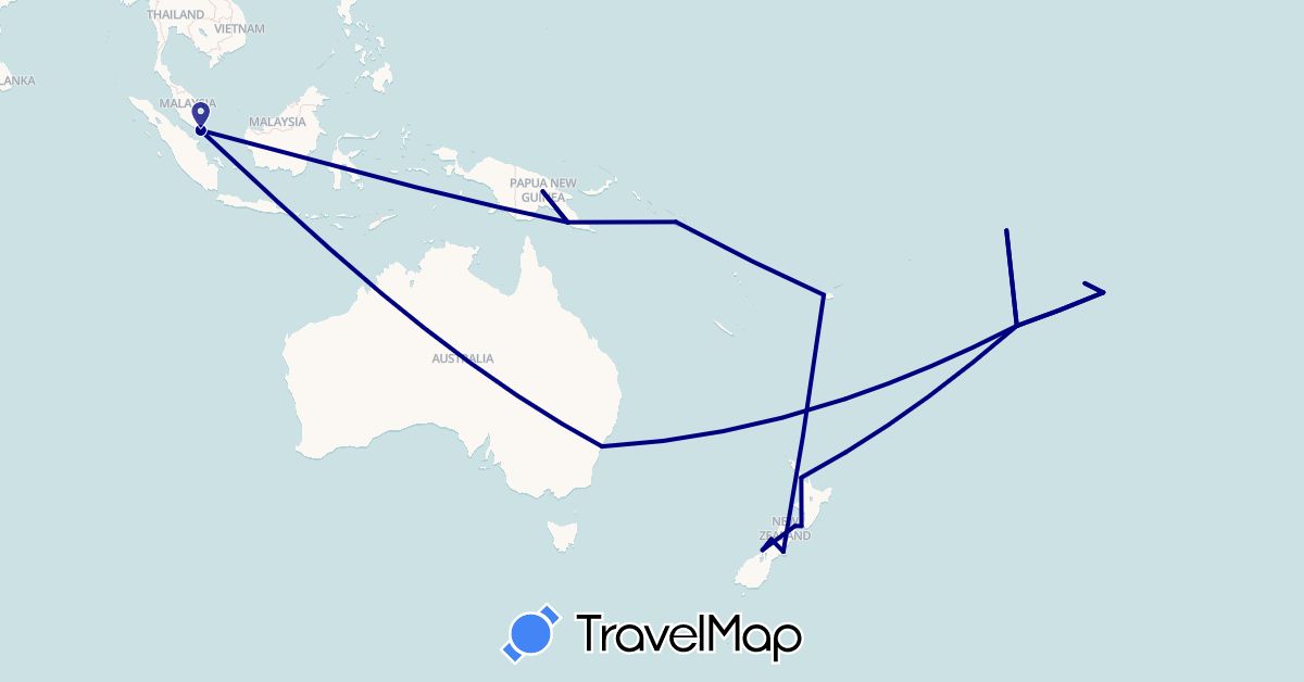 TravelMap itinerary: driving in Australia, Cook Islands, Fiji, France, New Zealand, Papua New Guinea, Solomon Islands, Singapore (Asia, Europe, Oceania)