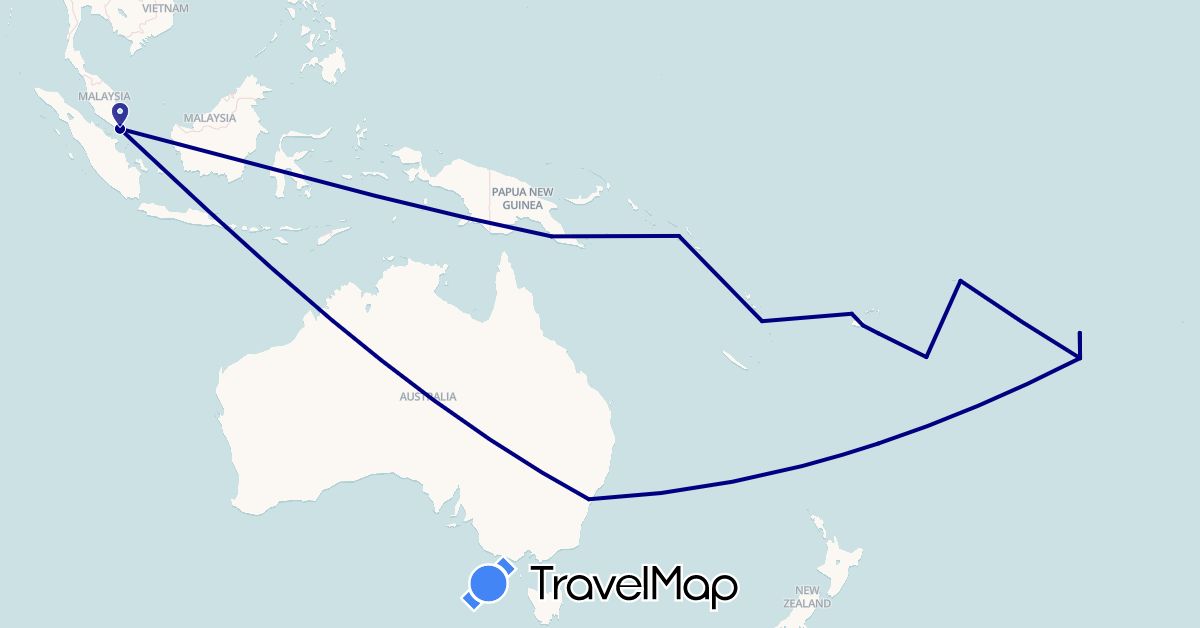 TravelMap itinerary: driving in Australia, Cook Islands, Fiji, Papua New Guinea, Solomon Islands, Singapore, Tonga, Vanuatu, Samoa (Asia, Oceania)